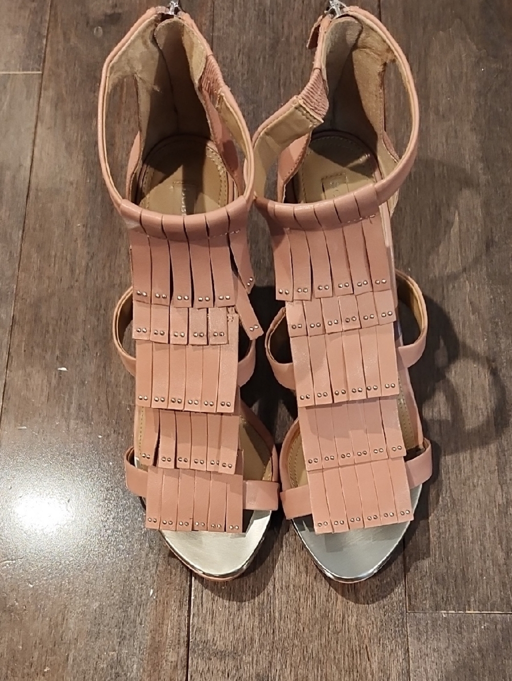 BCBGMaxAzria Blush Pink Fringe Gladiator Heels